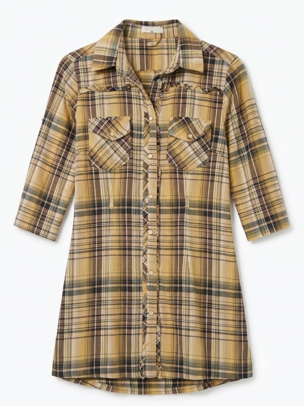 Coastal Cowgirl Y2K Ali & Kris Yellow &Brown Plaid Western Roll-Tab Sleeve Shirt
